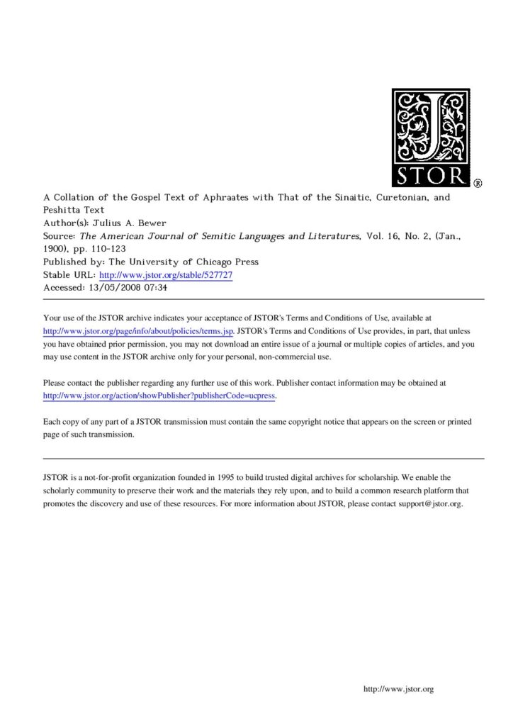 thumbnail of A Collation of the Gospel Text of Aphraates with That of the Sinaitic, Curetonian, and Peshitta Text – Julius A. Bewer