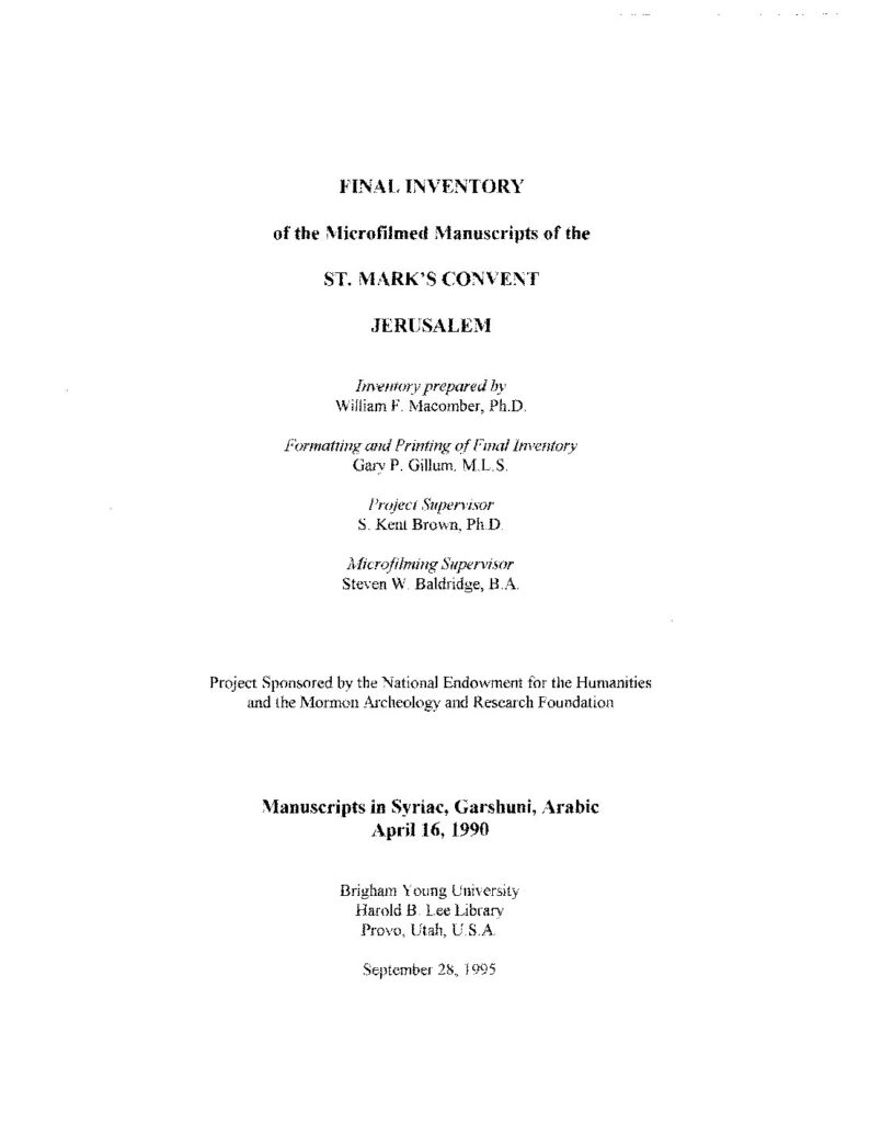 thumbnail of Final Inventory of the microfilmed Manuscripts of the St Mark’s